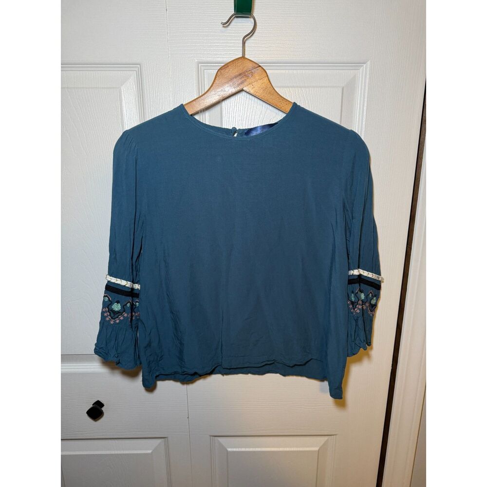Blue Rain Teal Embroidered Bell Sleeve Boho Blouse Women's Small